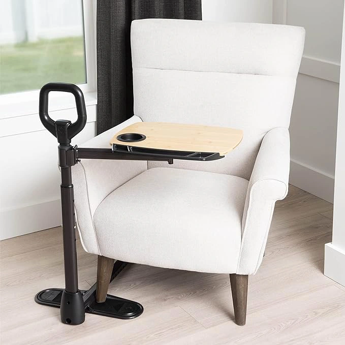 Adjustable Bamboo Swivel TV tray Table with Ergonomic Stand Assist Safety Handle