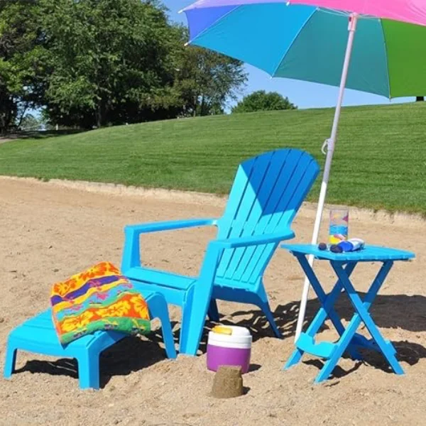 Blue lounge chairs footrest and tray table on the beach