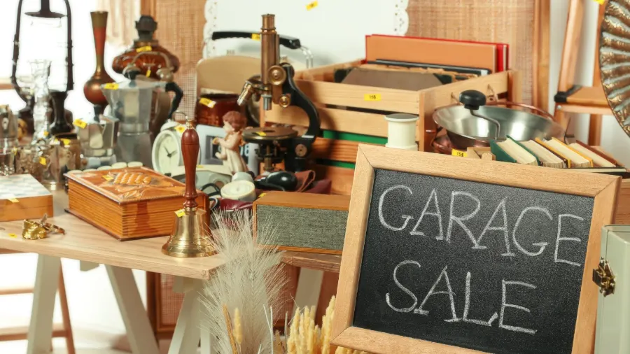 sign garage sale written on a blackboard near many different items like cheap furniture and antiques